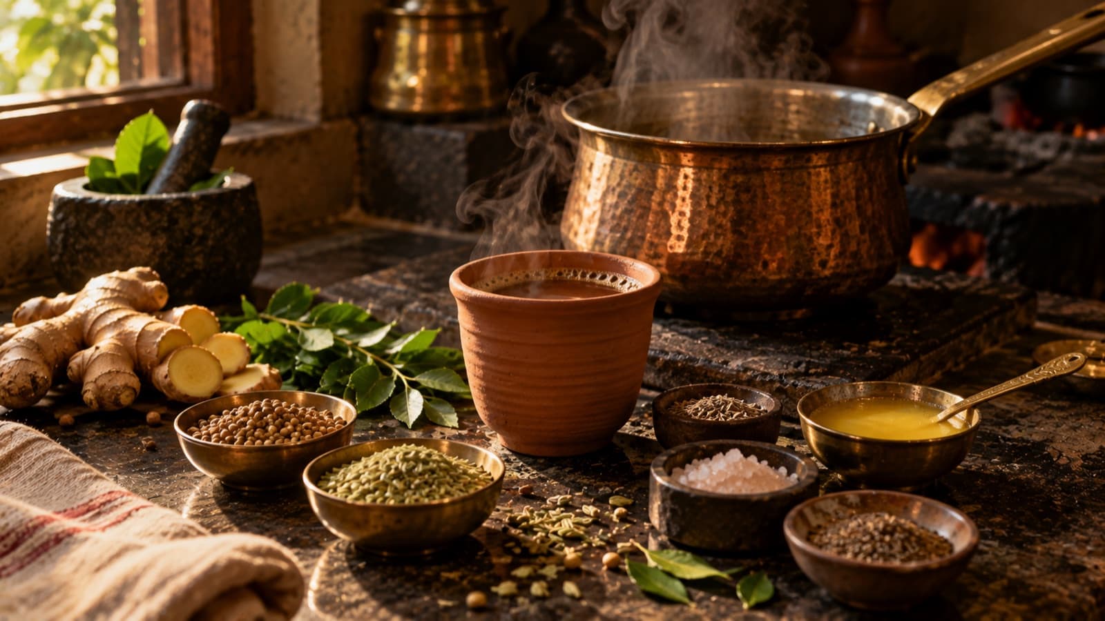 Warm spiced herbal decoction and fresh ginger prepared for digestive support