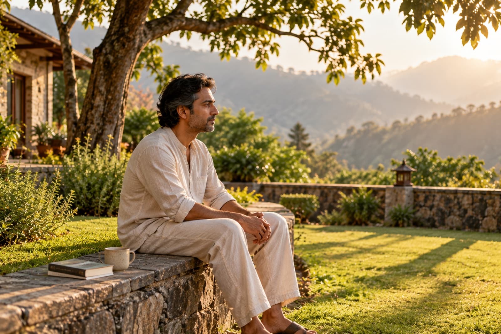 Guest sitting alone in a quiet garden at a digital detox retreat, no devices