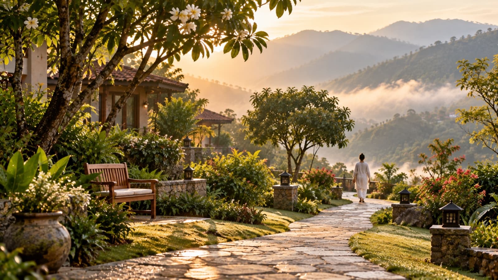 Quiet garden pathway at a wellness retreat in the Himalayan foothills