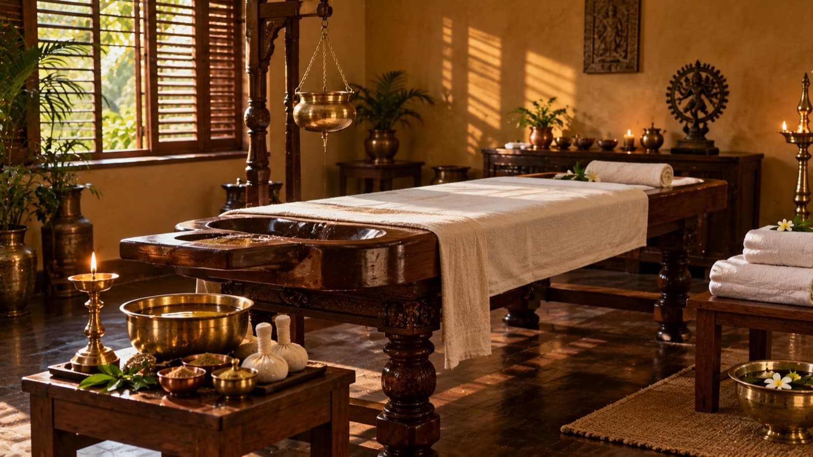Warm medicated oil and treatment table prepared for an Ayurvedic Panchakarma therapy