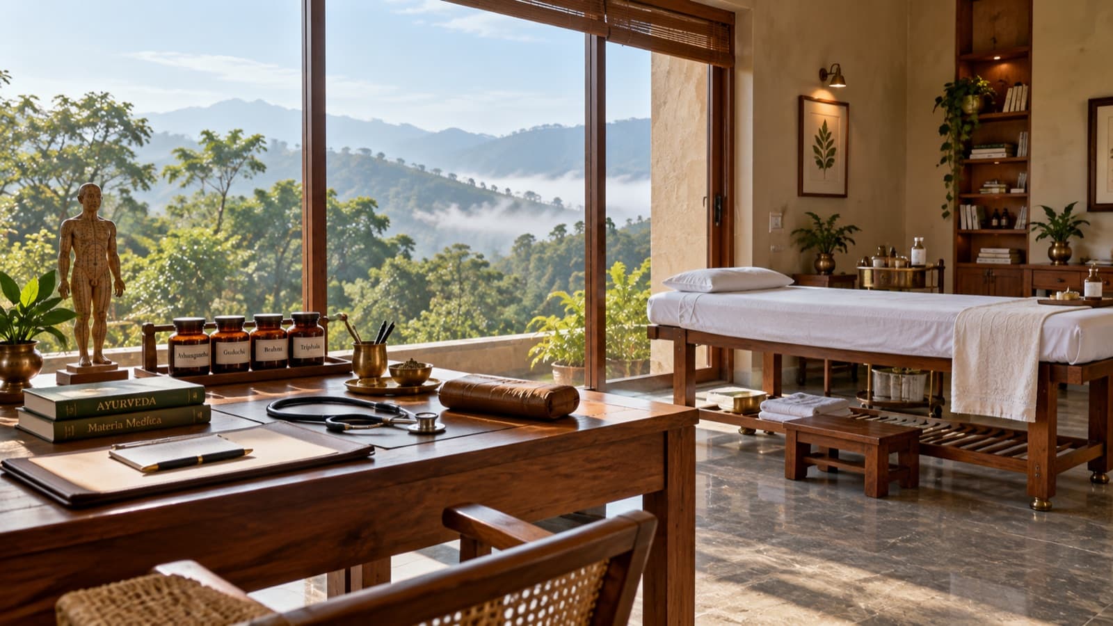 Treatment room at a medical wellness retreat overlooking the Himalayan foothills