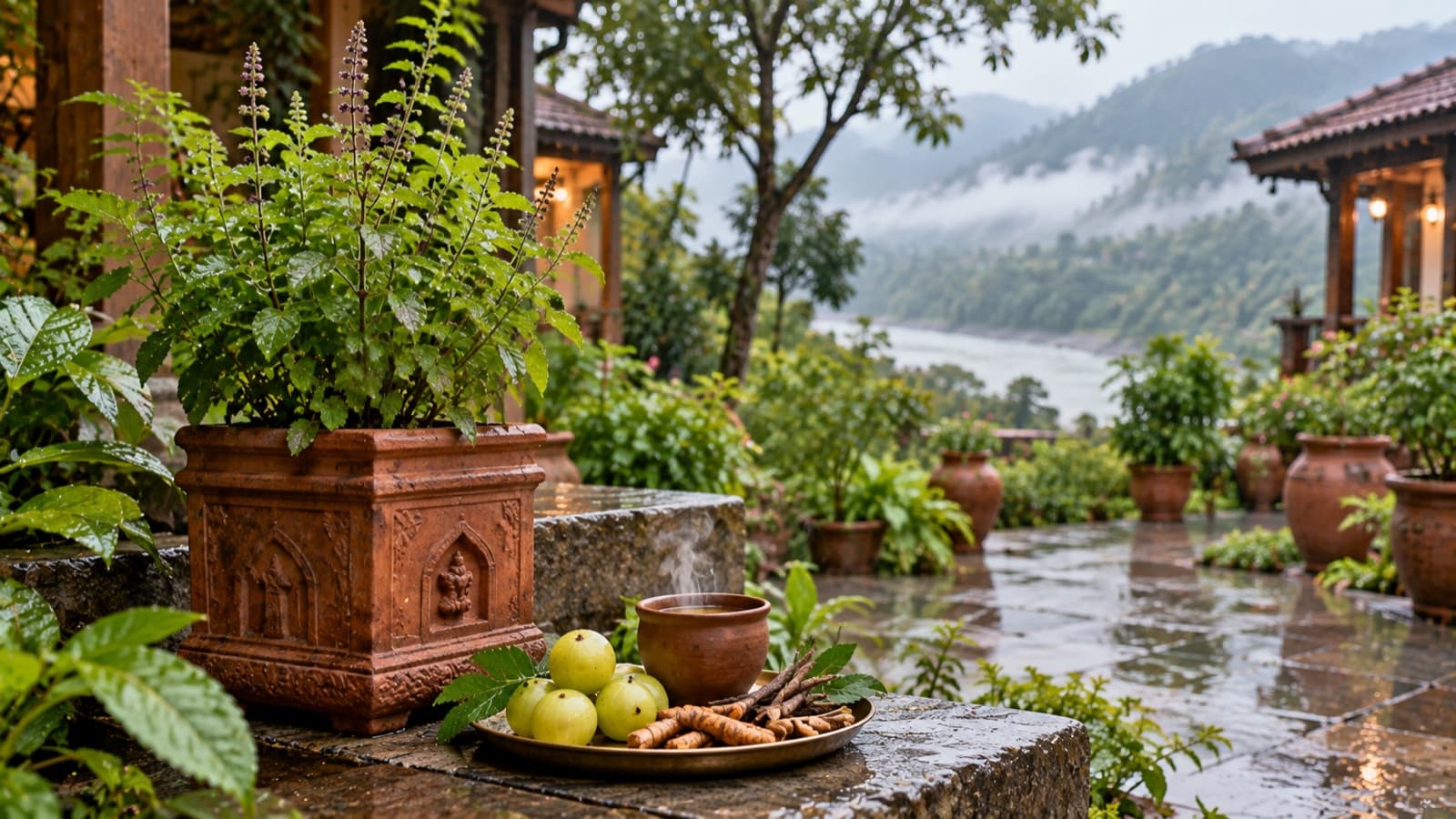 Herbal preparations and tulsi growing in a monsoon garden