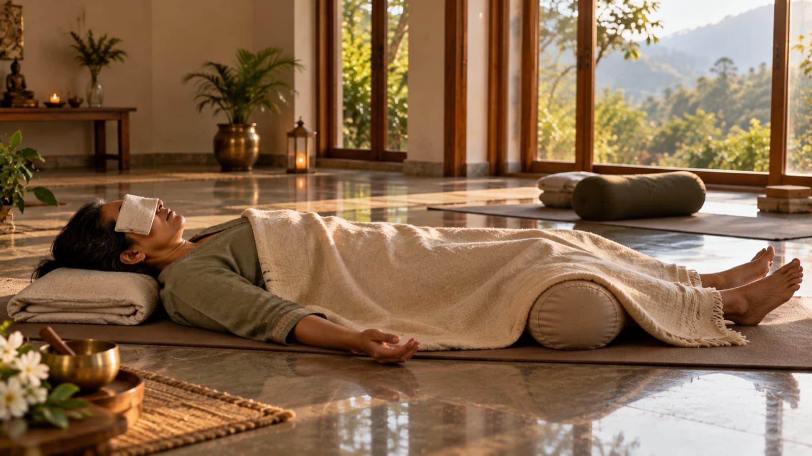 Guest lying in supported savasana during a Yoga Nidra session