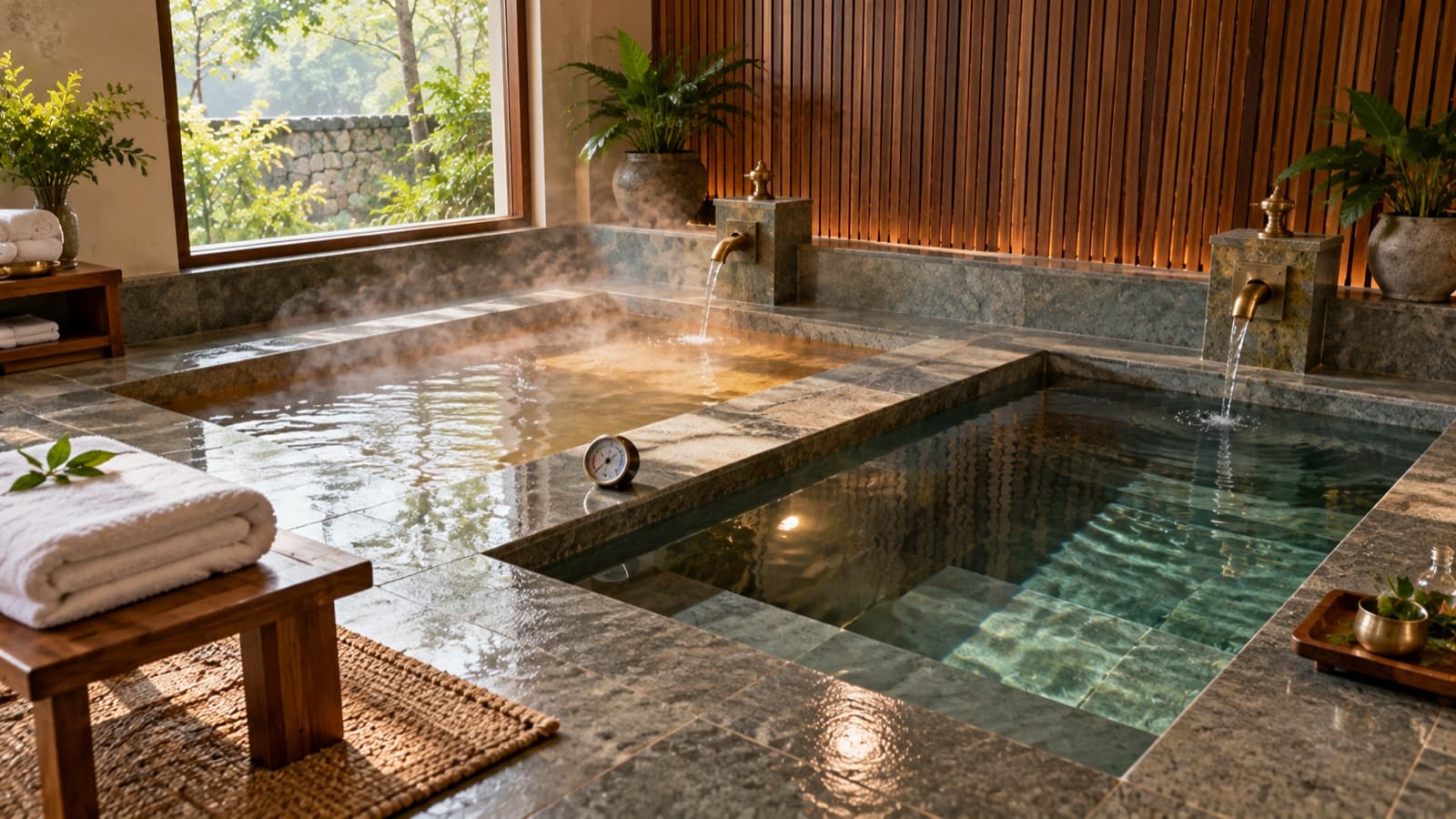 Warm and cold contrast bath pools in a hydrotherapy treatment room